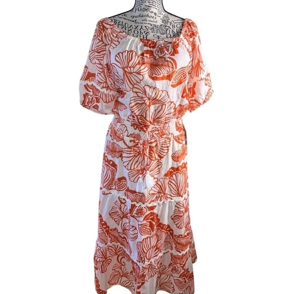Mlle Gabrielle Red White Floral Maxi Dress Tropical Red White Off Shoulder Sz. L - Picture 1 of 9